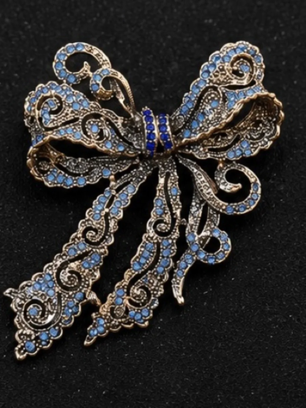 Vintage Blue Crystal Bow Brooch | Rhinestone Ribbon Pin | Antique Gold Statement